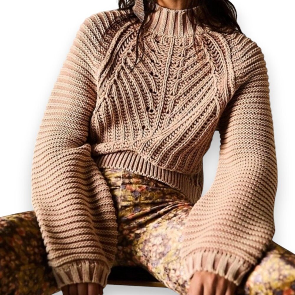 Free People Blush Pink Cropped Cable Knit Turtleneck Sweater